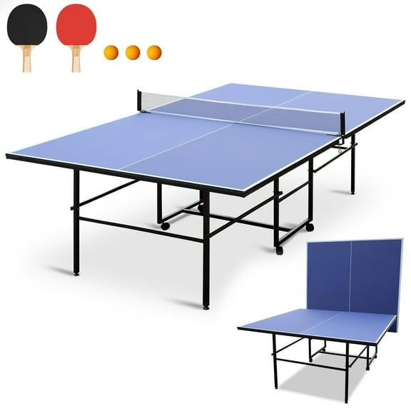 HooKung 9ft Table Tennis Table, Foldable Ping Pong Table sets, 0.5'' Thick for Indoor with Net, 2 Table Tennis Paddles and 3 Balls