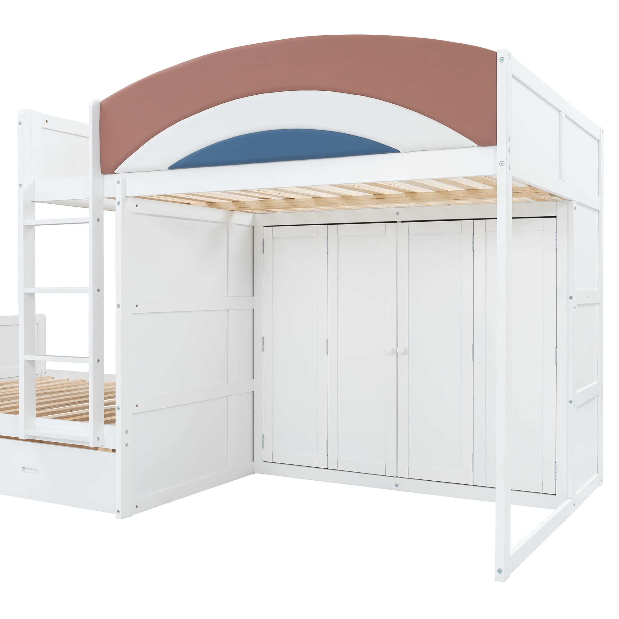 Mintazer Full Over Full Bunk Bed with Wardrobe & 2 Drawers, Modern Platform Bed with Rainbow Guardrail for Kids Bedroom, White