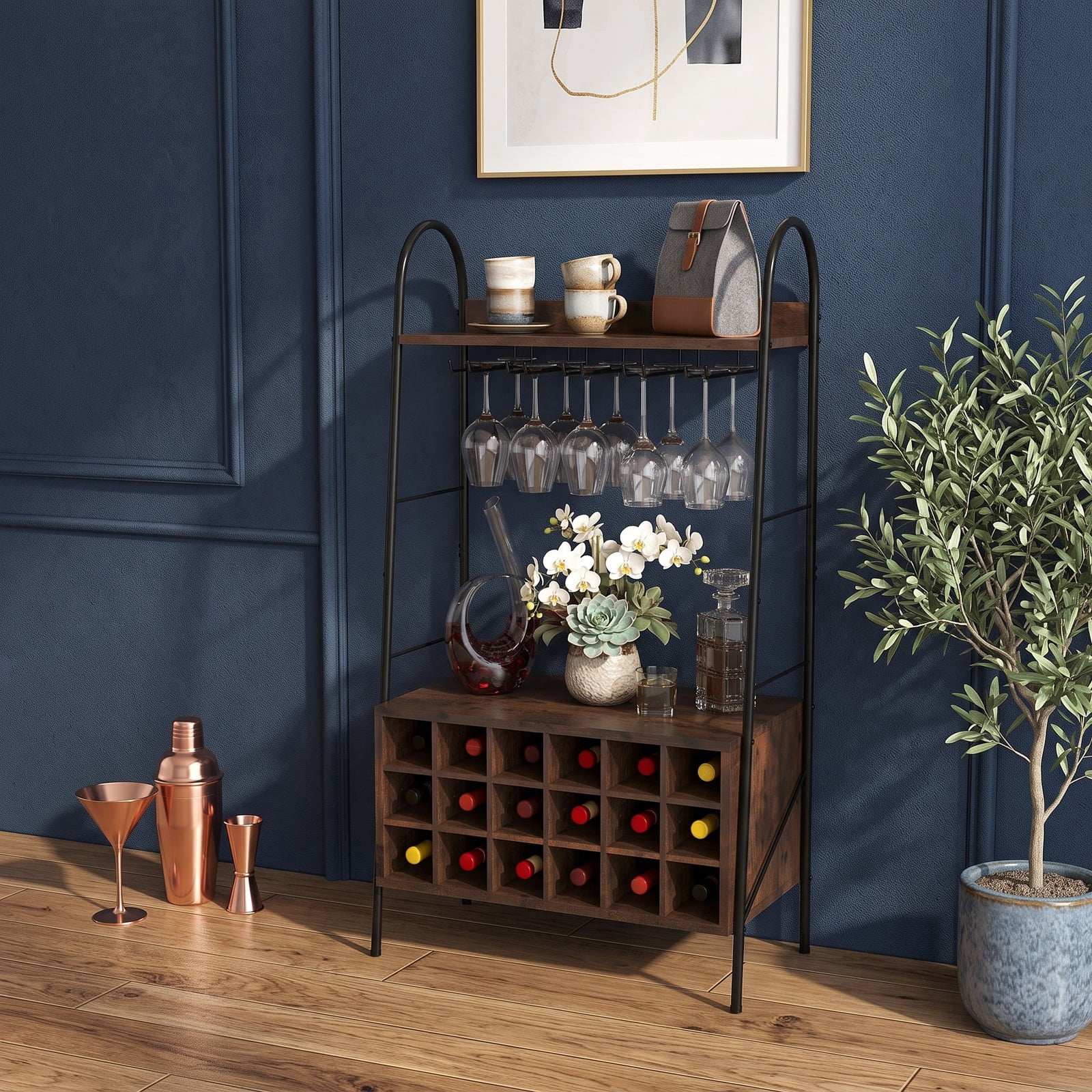 RUIE Baker's Rack with Detachable Wine Rack and 5 Rows of Stemware Holder, Freestanding Kitchen Storage Shelf Holds 18 Bottles and 15 Glasses, Metal, Rustic Brown