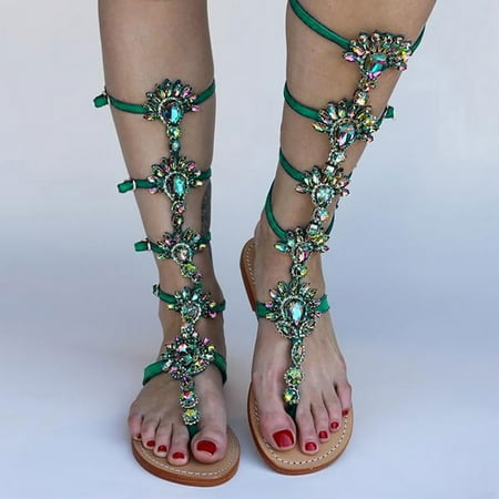 

Fashion Women s Flat Bottomed Pin Toe Rhinestone Buckle Roman Sandals
