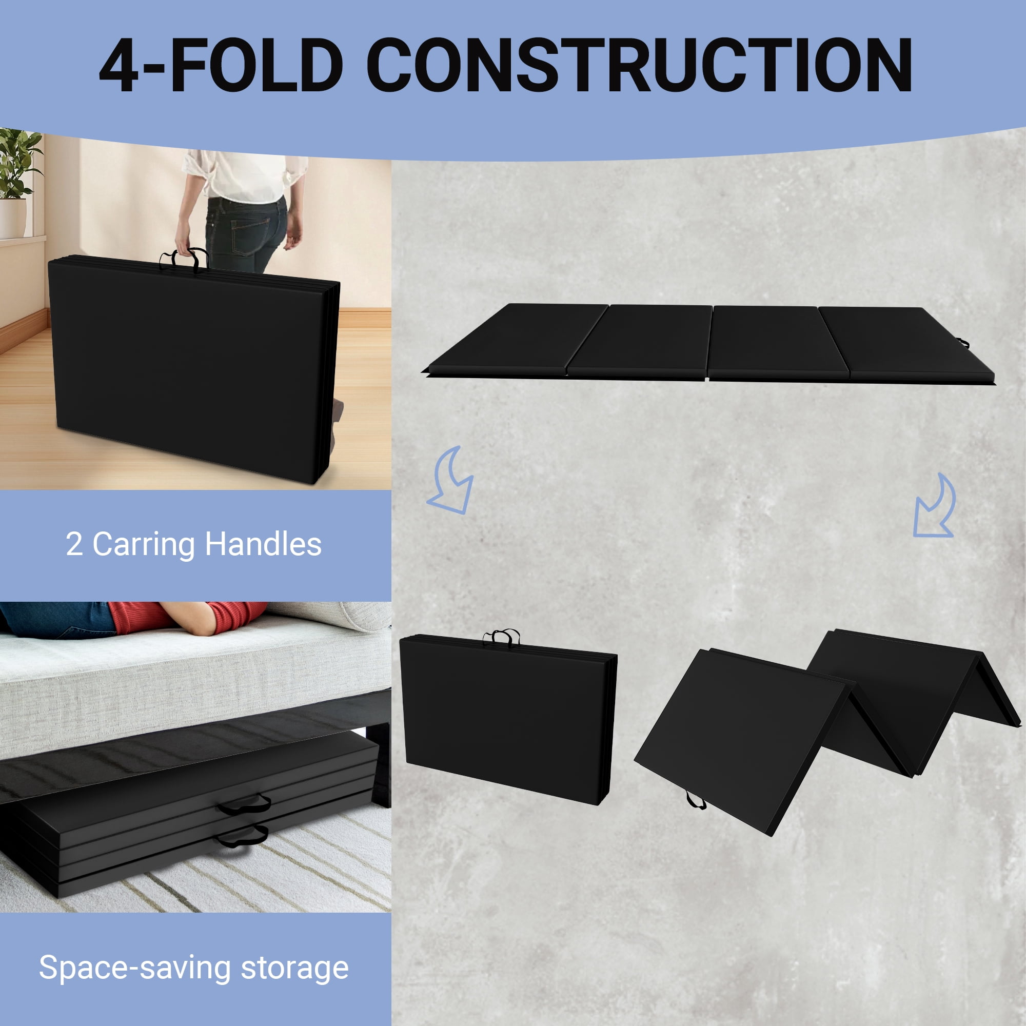BalanceFrom Versatile 4'x8'x2" High-Density Gym Mats - Extra Thick, Anti-Tear, Easy-Clean, Foldable for Aerobics, Yoga, Martial Arts, with Durable Vinyl and Velcro, Black