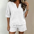 thumbnail image 4 of ATOYSOY Womens 2 Piece Linen Short Set V Neck Ruffle Sleeve Top And Shorts Casual Summer Outfit Set For Beach Vacation And Everyday Wear, 4 of 7