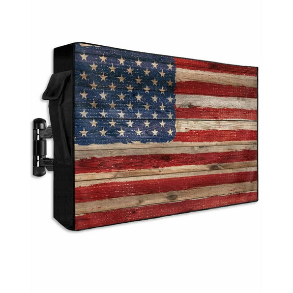 Retro American Flag Outdoor TV Cover 52 to 55 Inch Weatherproof, Vintage USA Flag Red Blue Wooden 600D Oxford TV Covers with Waterproof Zipper, Outside Flat TV Screen Protector Size 52"Wx19"Hx4.5"D