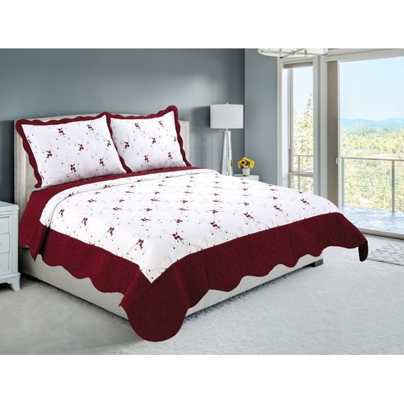 Couvre-lit brodé Marina Decoration, ensemble de literie ultra doux et uni, avec taie d'oreiller matelassée, motif floral bordeaux