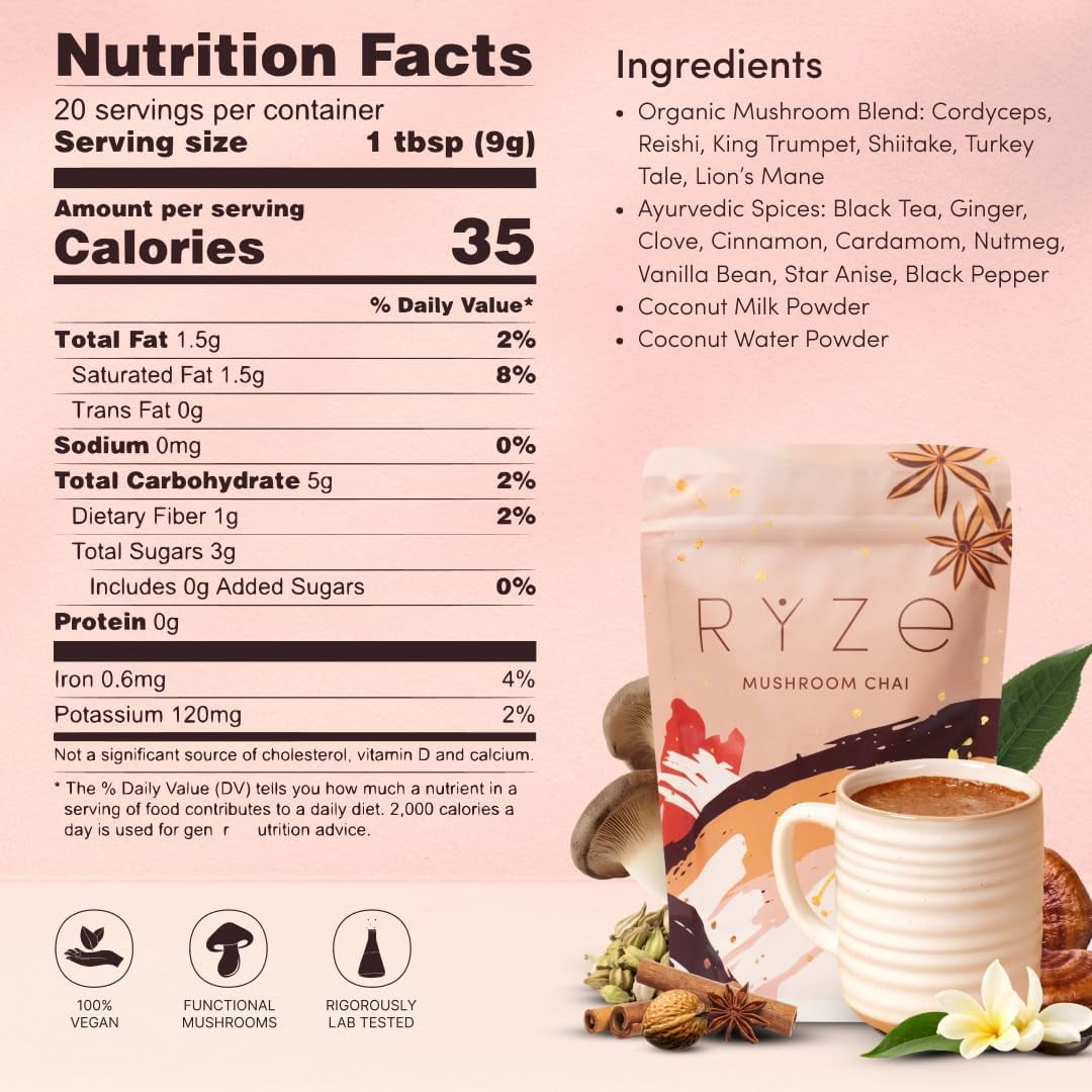 RYZE Mushroom Chai with 6 Organic Adaptogenic Mushrooms for Better Energy, Focus, Digestion, Immunity with Turkey Tail, Lion's Mane, Reishi 20 Serving