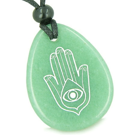 Green Rutilated Quartz Necklace - Amulet Magic Hamsa Hand and Evil Eye Reflection Green Quartz Pendant Necklace