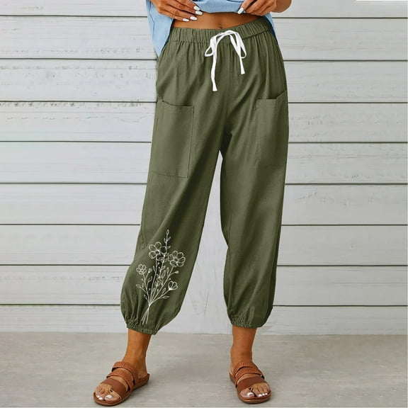 WXLWZYWL Womens Casual Pants Wide Leg Baggy Tapered Capri Drawstring Elastic Waist Ankle Trousers with Pockets