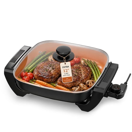 OSTBA 12-Inch 5.2QT Electric Skillet with Glass Lid, 1500W Copper Ceramic Nonstick Electric Frying Pan with Adjustable Temperature Control, Cool-Touch Handles, Easy Clean