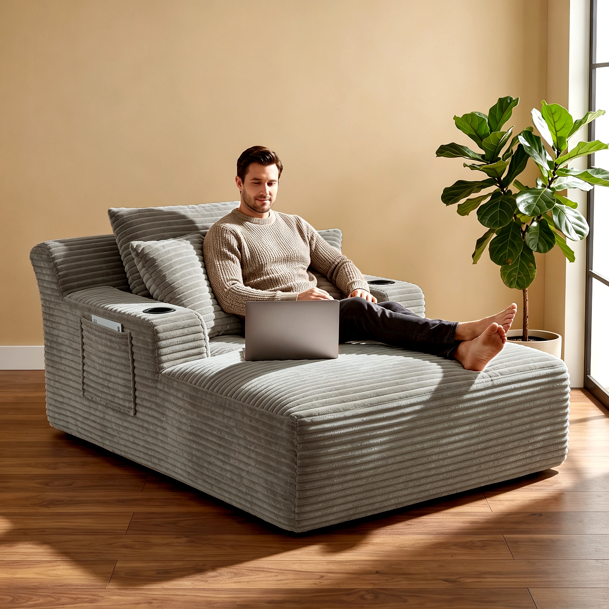 ShiKeyi 66'' Chaise Lounge Chair Indoor, Boneless Sofa Cloud, Plush Corduroy Chaise Couch with Cup Holders, Side Storage Pocket & Pillows, No Assembly Required, Camel