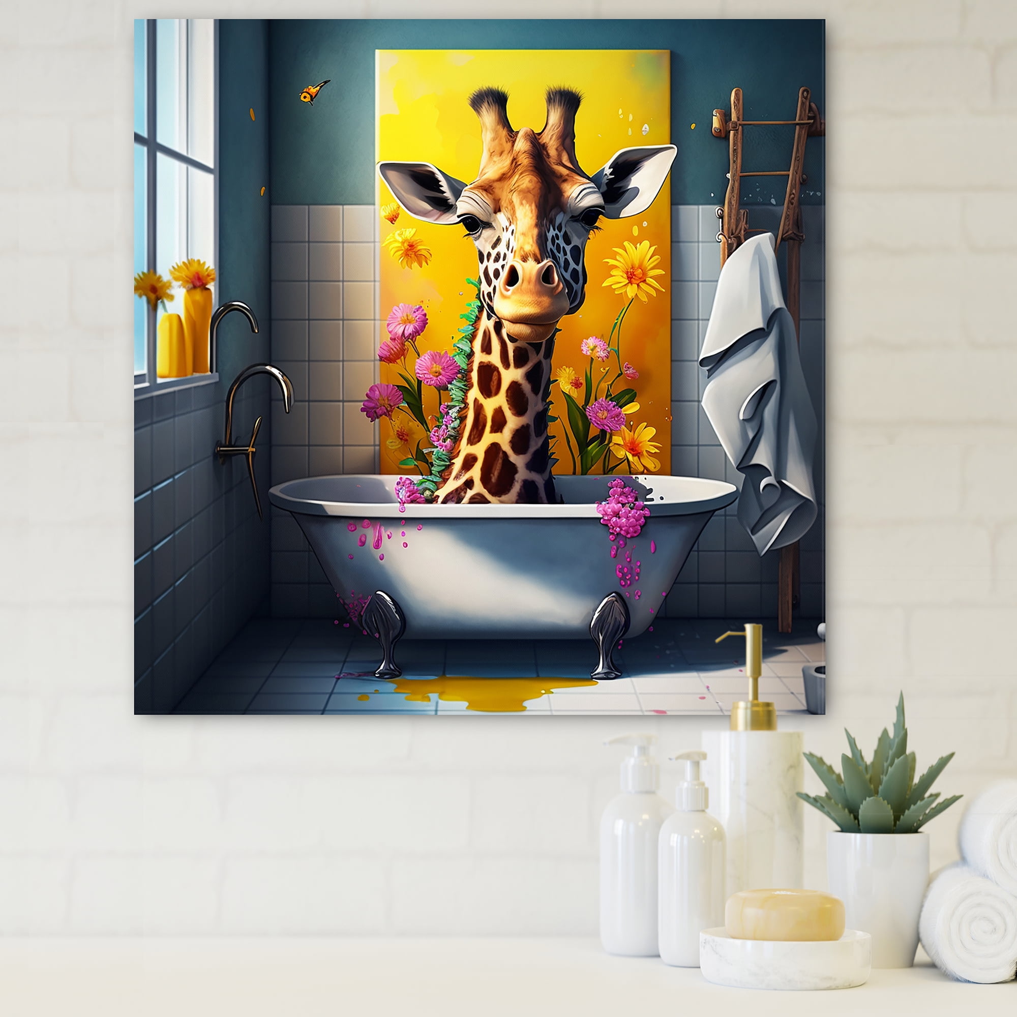 Designart Giraffe Caricature Splashing Around In A Flower Bath II Canvas Wall Art