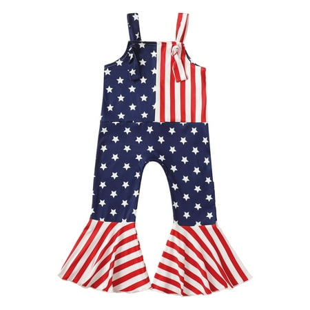 

4th of July Toddler Baby Girls Overalls Stars Stripes Bell Bottom Jumpsuit Suspender Flared Pants Romper Summer Clothes