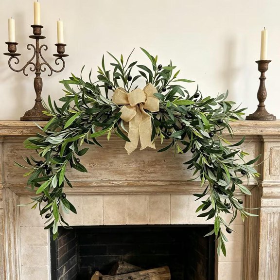 Artificial Olive Leaf Swag, Faux Greenery Arch Decoration with Burlap Bow, Hanging Olive Garland for Front Door, Mantel, Wedding Entryway, 30 Inch Farmhouse Style Home Decor