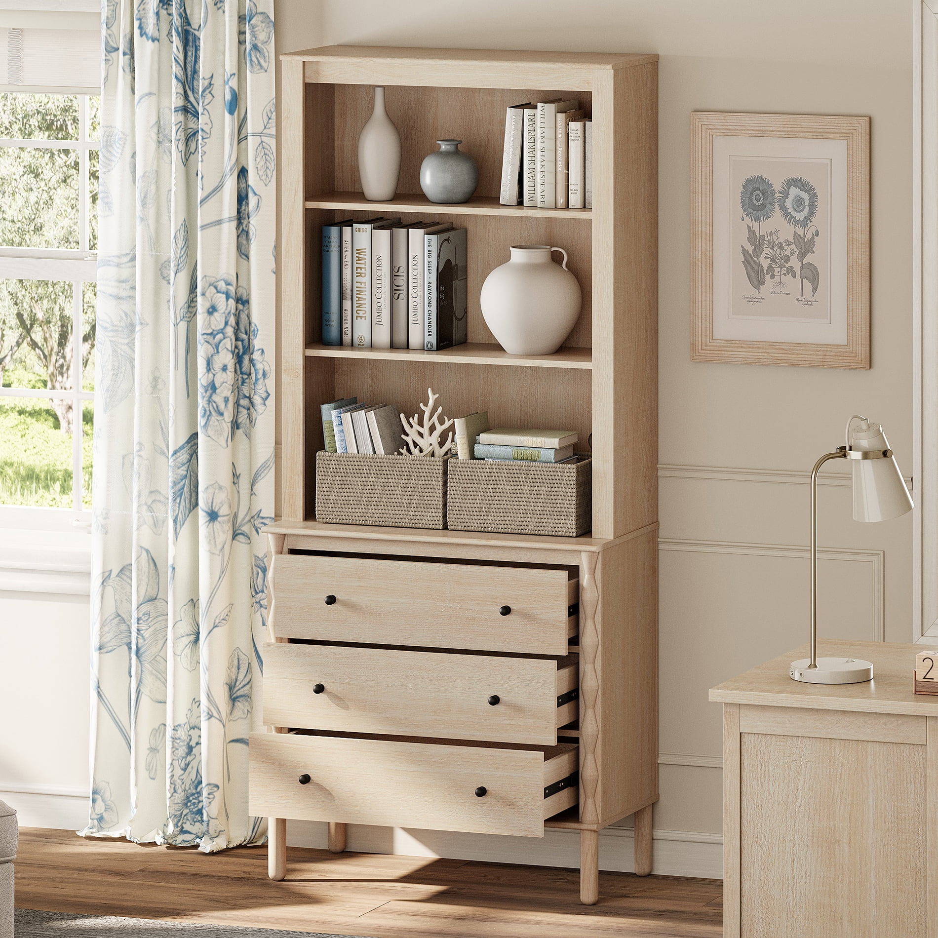 72" Tall Adjustable Bookshelf with 3 Drawers and Open Book Shelves,Natural