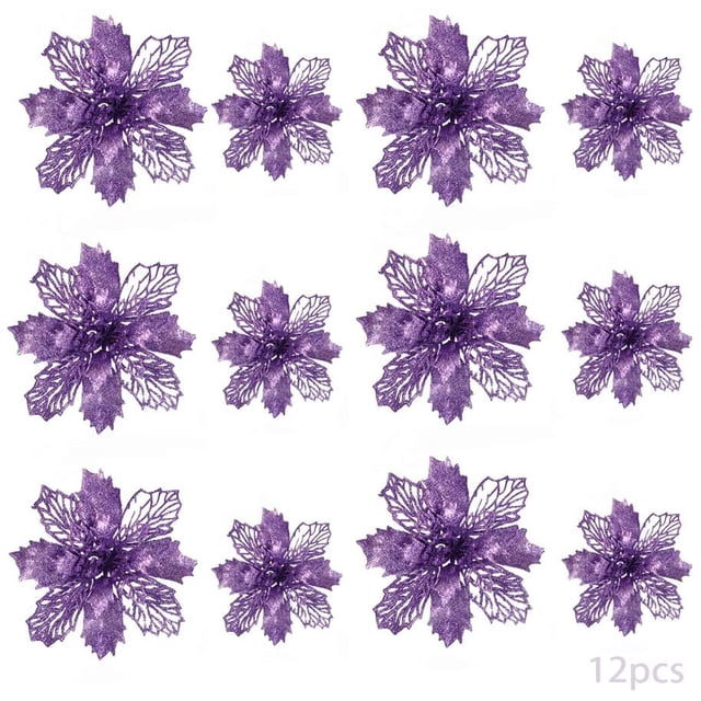 24 flores de Navidad, decoración de flores de Navidad, adornos para árboles de Navidad, poinsettia con purpurina, árbol de Navidad con purpurina, flores artificiales de Navidad, Navidad con purpurina. Adepaton HFP-0473-3
