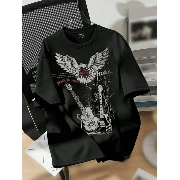 Oversized Guitar & Eagle Graphic Round Neck Short Sleeve T-Shirt, Casual Women Pullover Tee, Suitable For Summer Back To School