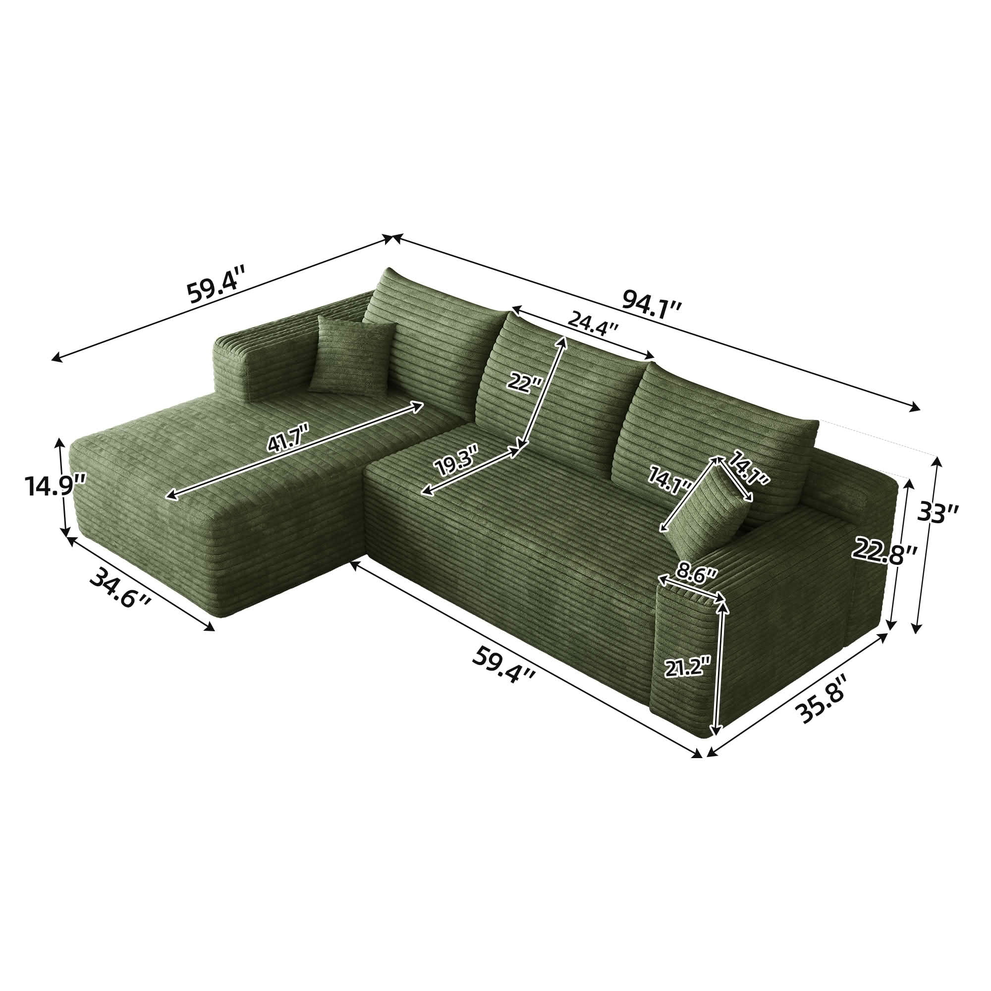 MAYEERTY 95" Cloud Sectional Sofa, U-Shaped Corduroy Upholstered Deep Seat Couch, No Assembly for Living Room, Green