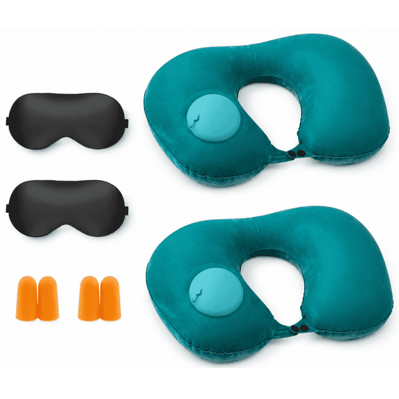 2PCS Inflatable Travel Pillow, Adjustable Inflatable Neck Pillow, Portable Inflatable Pillow U-Shaped with Eye Mask,Earplug and Carry Bag, for Airplanes,Traveling,Lumbar Support (Mint Green)