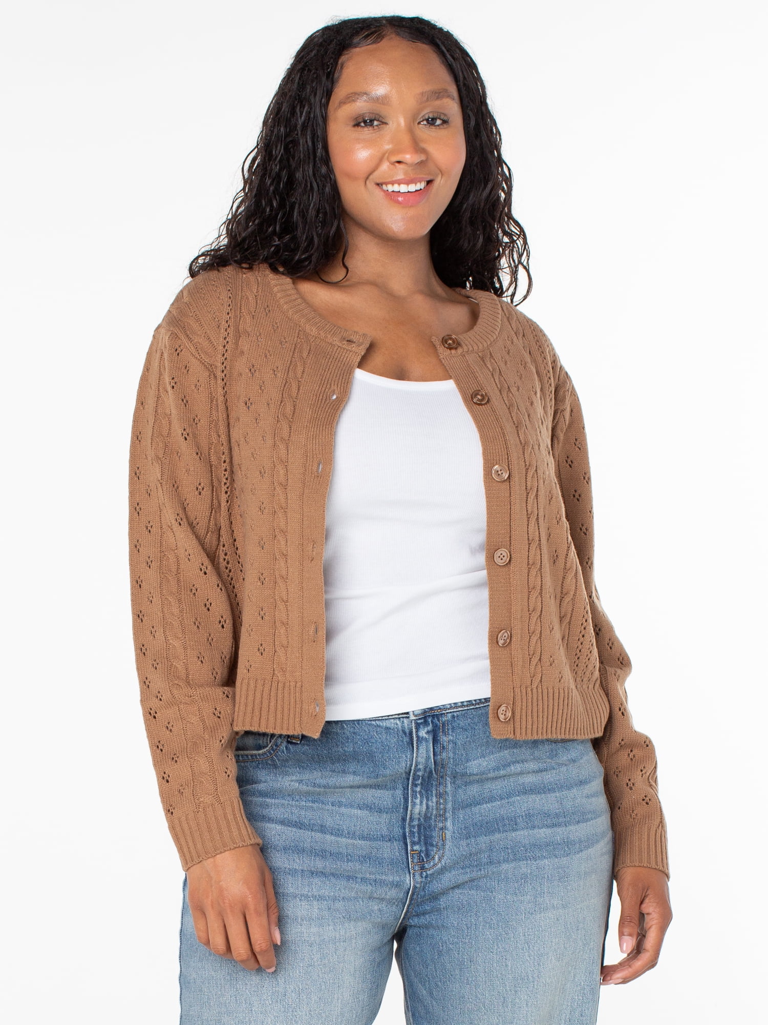 Celebrity Pink Women's Pointelle Crew Neck Cardigan Sweater, Sizes XS-4X