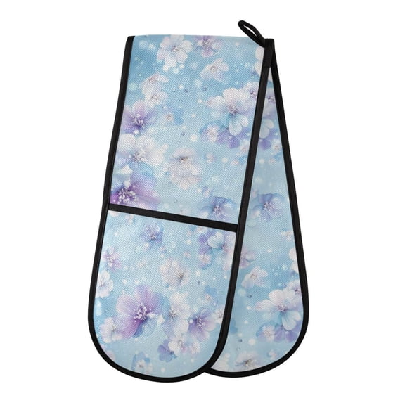 35" x7" Double Oven Mitt Heat Resistant Oven Gloves Withstands Up to 200°C for Kitchen Baking & BBQ Blue Background White Flowers