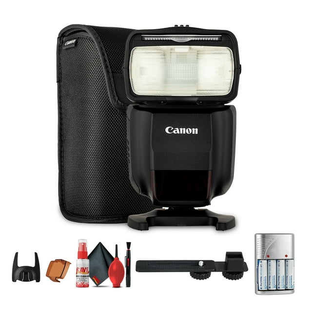 Canon Speedlite 430EX III-RT Flash – Radio Sans Fil & TTL Optique, Synchronisation Haute Vitesse, Tête Rebondissante et Pivotante, Design Compact + Support Flash + 4x AA avec Chargeur + Kit de Nettoyage (Ensemble)