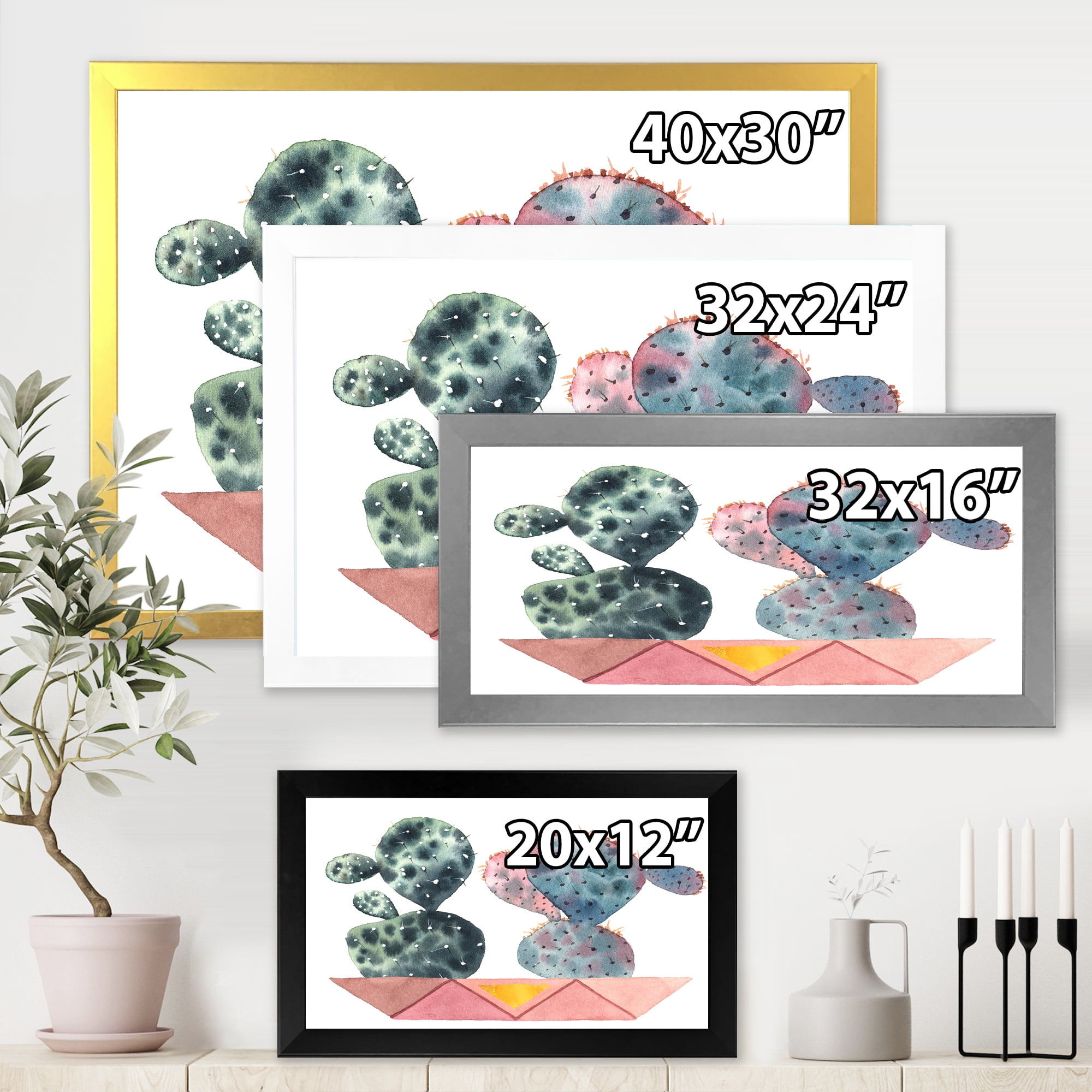 Designart 'Cactus Duo In Pink Pots Geometric' Modern Framed Art Print