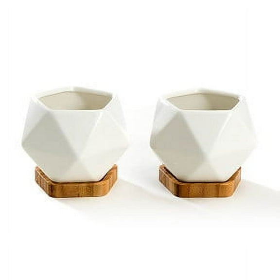 K-Cliffs White Diamond Shape Design Ceramic Succulent Plant Pot/ With Bamboo Tray, Set of 2