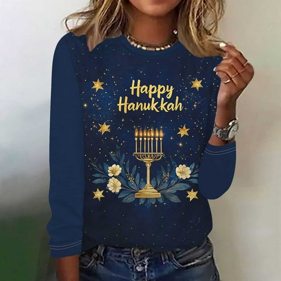Wancir Hanukkah Sweatshirt Hanukkah Sweater Women Chanukah Sweaters Menorah Pullover Casual Long Sleeve Tee Tops