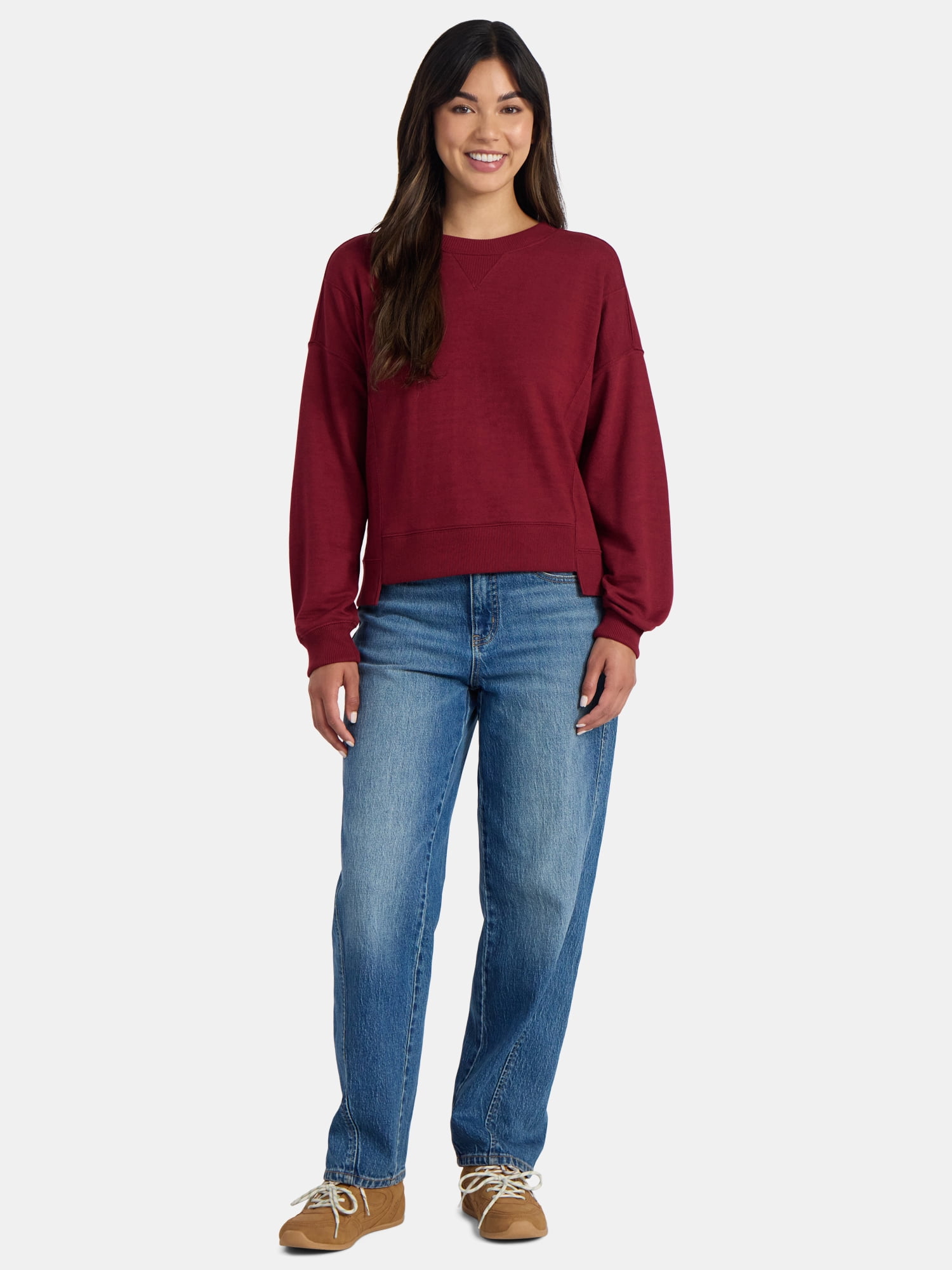 Time and Tru Women’s Ribbed Panel Sweatshirt with Long Sleeves, Sizes XS-XXXL