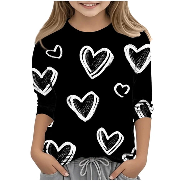 MKOSPLRT Happy Valentines Day Shirts Girl Boy 3-12Y Crew Neck Love Heart Graphic Tees 3/4 Sleeve Fall T-Shirts 3-12 Years