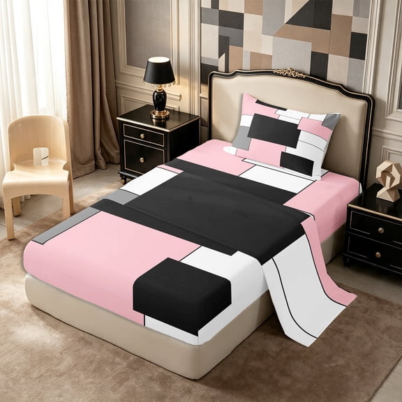 Castle Fairy Geometric Overlap Block Twin Sheets 3pcs,Minimalist Square Segment Bedding,Pink Gray Black White,1 Flat Sheet, 1 Fitted Sheet and 1 Pillowcase