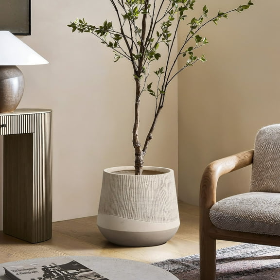 LuxenHome 15" H Blended Tan with Wood Pattern Round Planter Pot, Indoor and Outdoor