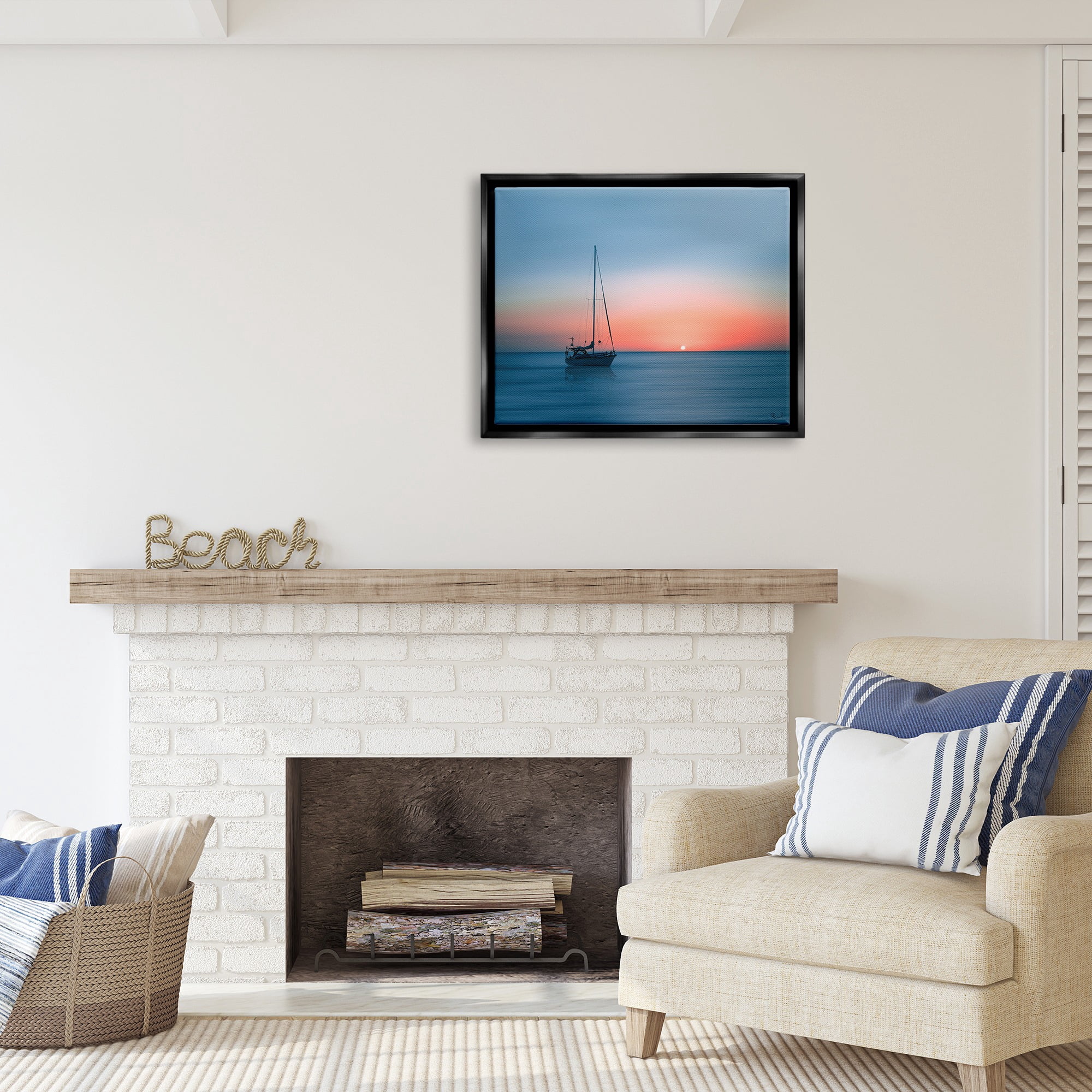Stupell Industries Boat on Sunset Horizon Transportation Photography Black Floater Framed Canvas Art Print Wall Art, 31 x 25