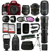 Nikon D3200 Red DSLR Digital Camera + 18-55mm VR + 6.5mm Fisheye + 55-300mm VR + 420-1600mm Lens + Filters + 128GB Memory + Action Stabilizer + i-TTL Autofocus Flash + Backpack + Case + 70" Tripod