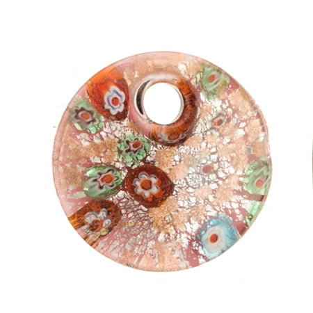 Murano Millefiori Flower Ring - Millefiori Glass Pink Base Round Lampwork Glass Pendant 51x11.5mm Handmade Murano Inner Flower And Lampwork Glass Pendant (3pcs Bundle), SAVE $2