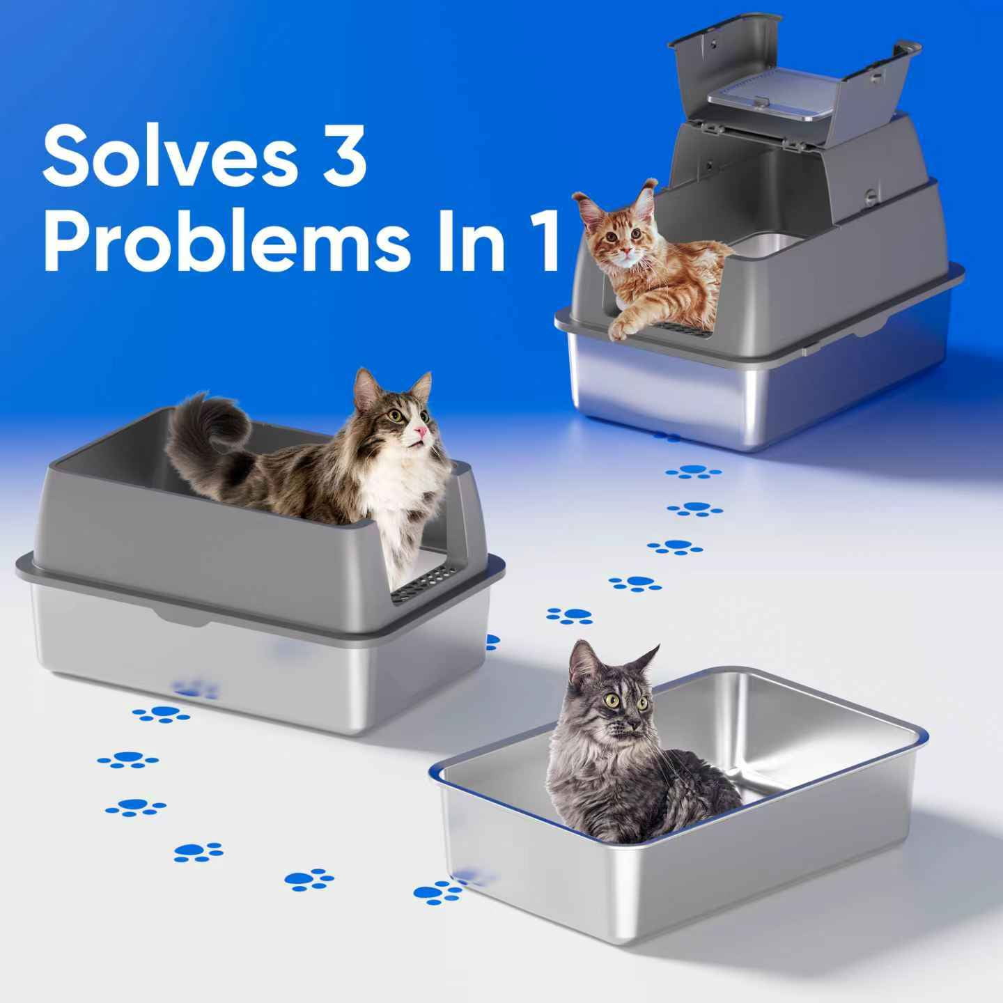 Stainless Steel Cat Litter Box with Lid - XL 18" Deep for Big Cats,180° Flip-Top, Odor-Free & Anti-Leak with Scoop