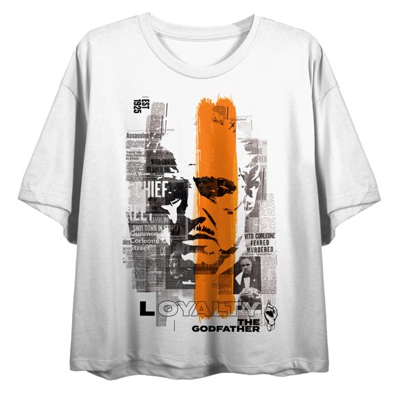 The Godfather Newspaper Print With Face Crew Neck Short Sleeve Women's White Crop Top-Medium