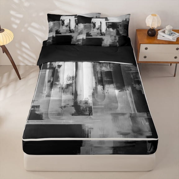 Homewish Watercolor Block Zipper Twin Comforter Sets with Fitted Sheet and 2 Pillowcases,Abstract Grunge Zipper Bedding Set,Gray,Black Reversible,4pcs