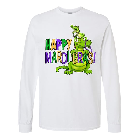 Inktastic Happy Mardi Gras Big and Little Alligators with Beads Long Sleeve T-Shirt