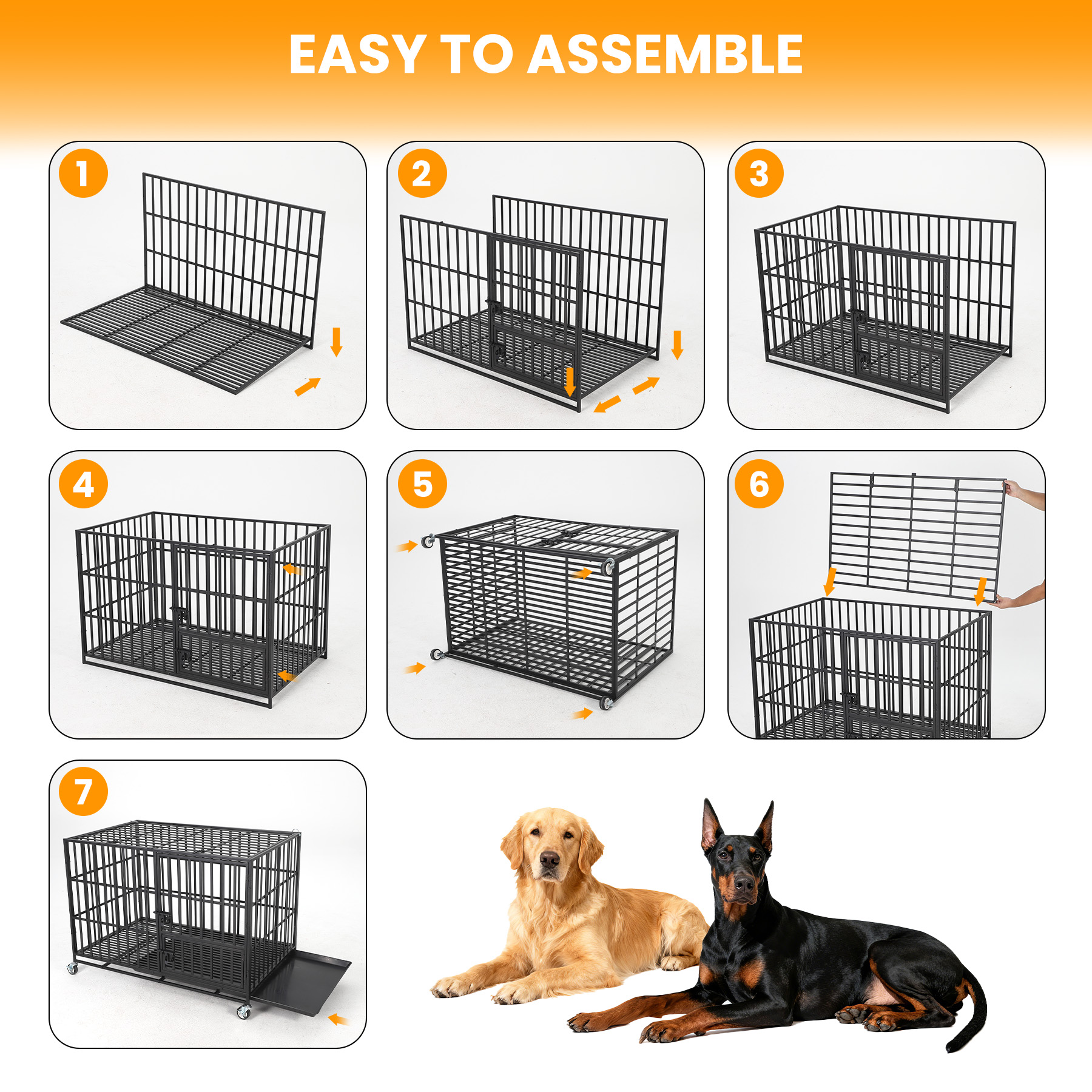 49 Inch Extra Large Heavy Duty Dog Crate with 3 Doors and Wheels, Indoor Outdoor Escape-Proof Metal Kennel with Removable Tray for Large Medium Dogs, Black
