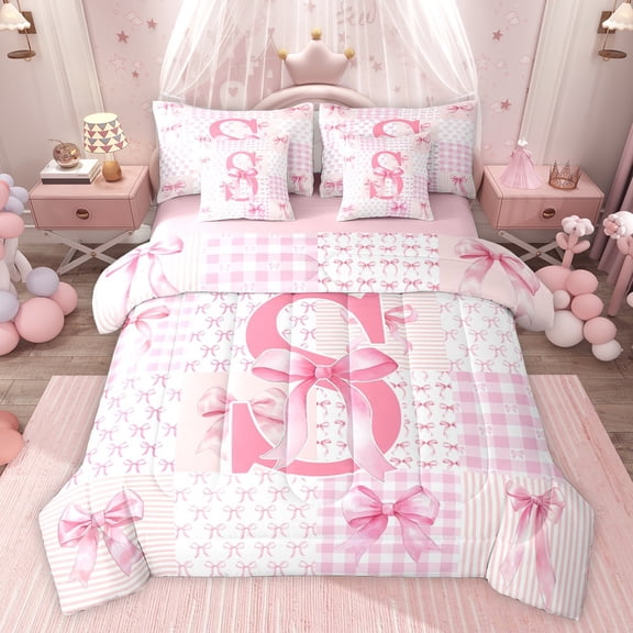 Castle Fairy Bowknot Personalized Initial S Twin Bedding Sets,Pink Bedding Comforter Set