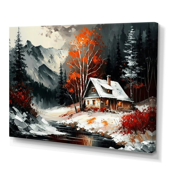 Designart Monochrome Orange Cottage In Winter V Canvas Wall Art