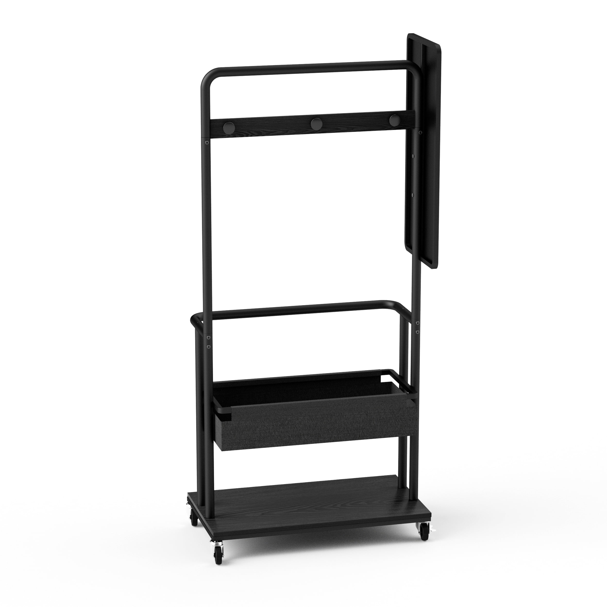 Sturdy metal coat rack with casters, 3-in-1 design, includes a basket and mirror, hanging coat rack, mobile coat rack with casters, large storage capacity, Black, 27.6″L x15.7"W x 67.0"H