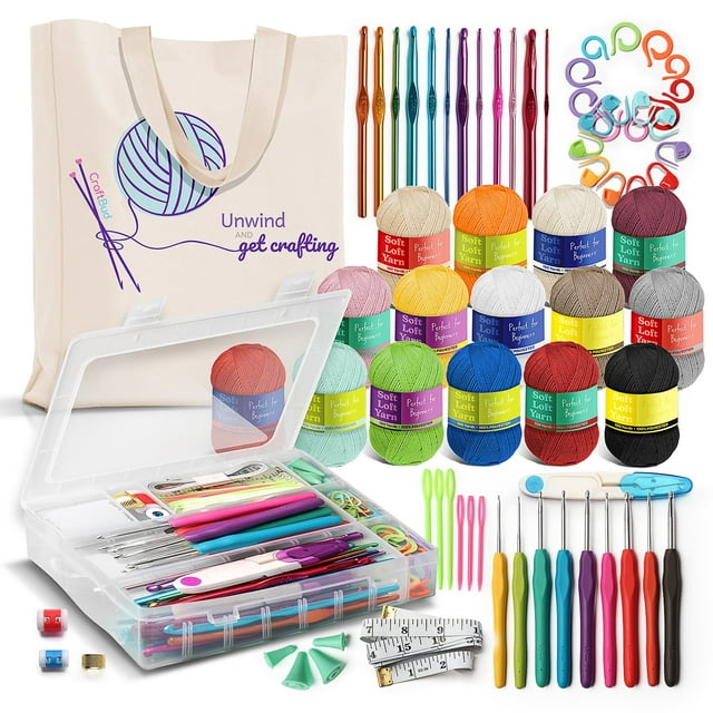 Craftbud Crochet Kit para Principiantes, 80 Pzas Suministros de Manualidades para Kits de Crochet 1100 Yardas Bolas de Estambre de Crochet y Juego de 20 Pzas de Ganchos de Crochet, Bolsa Tote para...