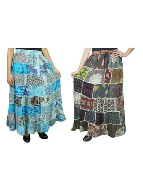 Mogul 2 Pc Womens Sky Blue Green Maxi Skirt Patchwork Ethnic Indian Summer Rayon Skirts