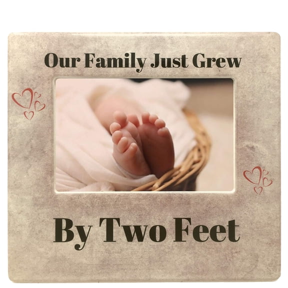 New Baby Photo Frame - Our Family Just Grew By Two Feet - Heart Design with Tan Marble Like Background - Nursery Decor - 4" X 6" Picture Opening