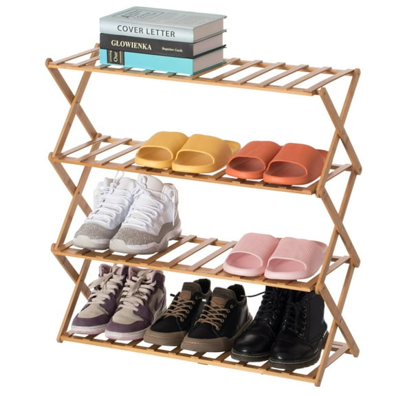 Basicwise Foldable Bamboo Shoe Rack and Storage Shelf Multi-Purpose Wooden Organizer for Entryway Closet or Living Room Space-Saving Stand for Shoes Slippers Plants Towels and Home Décor, 4-Tier