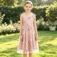 thumbnail image 2 of Girls Floral Embroidery Tulle Party Dress, Kids Spaghetti Strap Bow Tie Sweetheart Princess Gown, A-Line Midi Formal Dress for Wedding Holiday Party(Pink,7-8 Years), 2 of 4