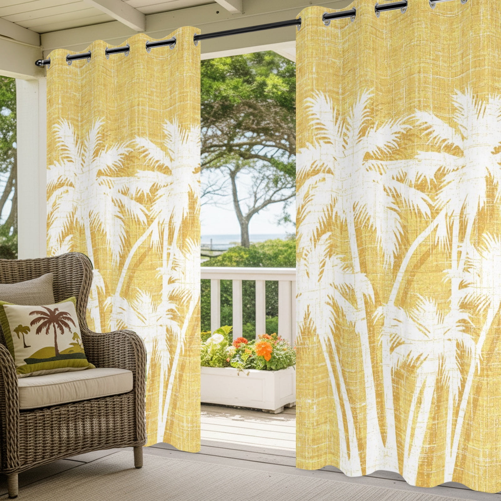 Palm Tree Outdoor Curtains for Patio, Tropical Plant Coastal Summer Yellow Sunshade Privacy Drapes Grommet Waterproof Outside Curtains for Porch/Cabana/Balcony 54"x 108", 1 Panel
