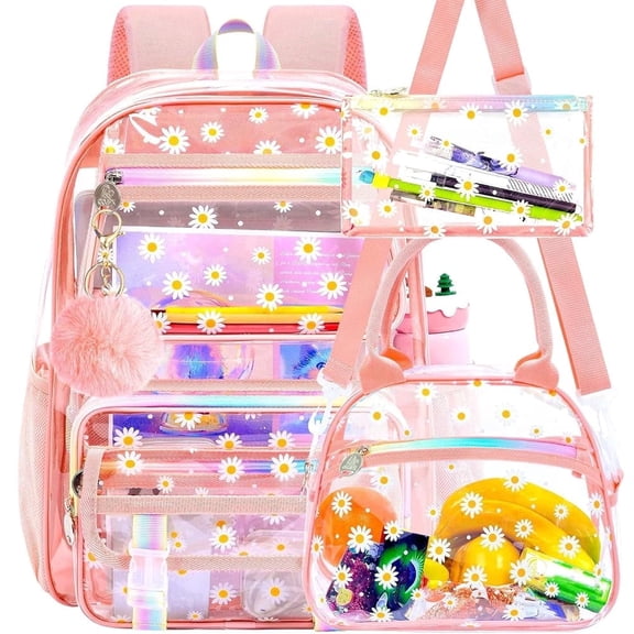 3PCS See Through Backpack, Girls Chrysanthemum Pink Transparent Bookbag Heavy Duty, Clear PVC School Bag