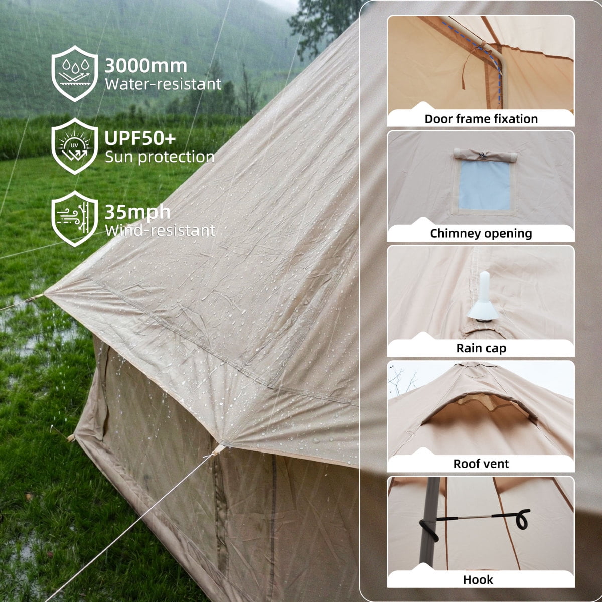 LuckyNote 4 Season Bell Tent 9.8 FT, Beige Waterproof Glamping Yurt Tent with Stove Jack, Fits 4 People Family Camping, Beige
